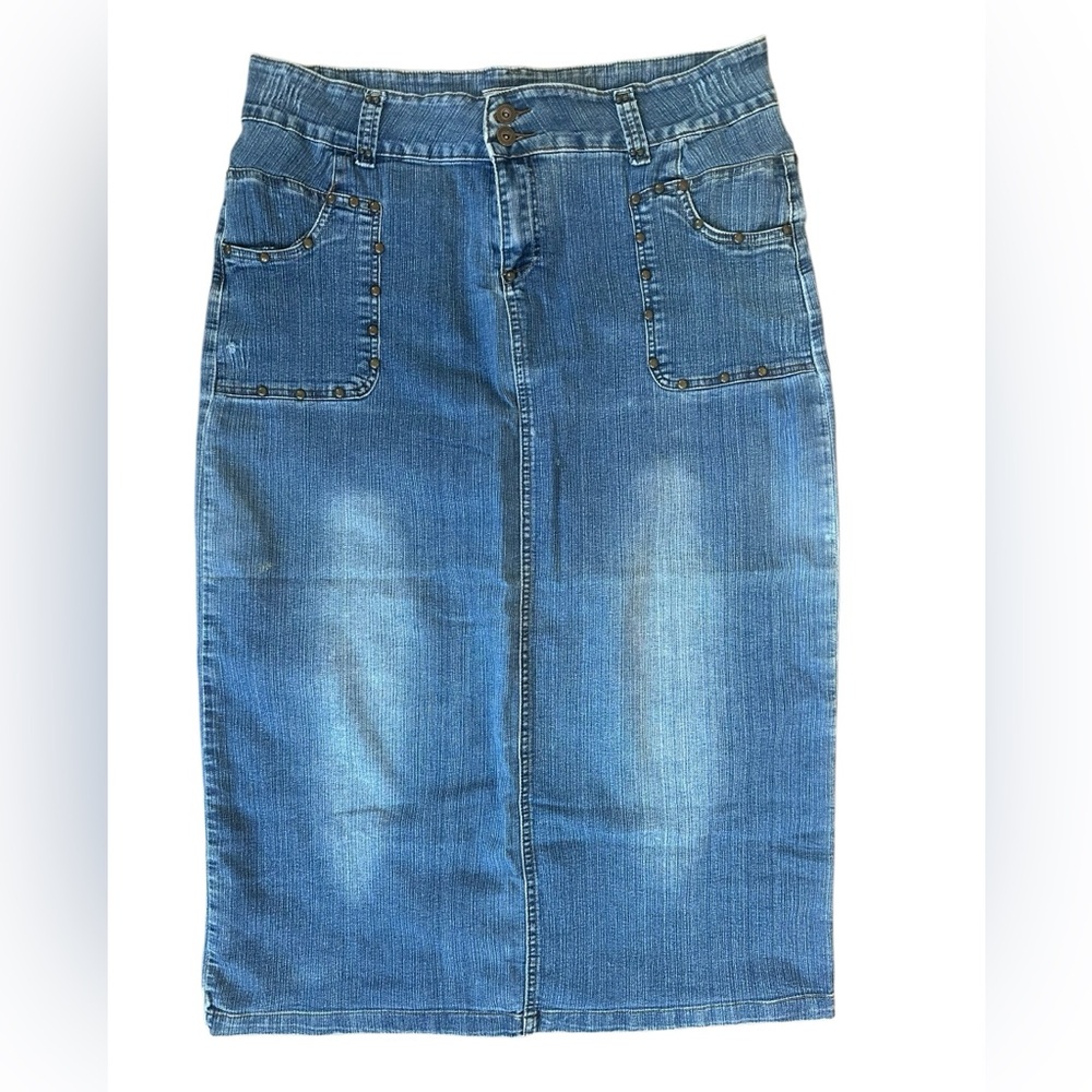 Y2K Medium Wash Faded Bronze Studs Denim MIDI Maxi Skirt Size 18 37" Waist